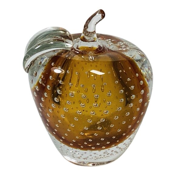 Amber Apple Fruit Italian Glass Bullicante Bubbles Paperweight Smooth 4” - Picture 1 of 5
